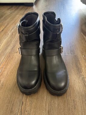 H&M Black Buckle Leather Ankle Combat Boots
